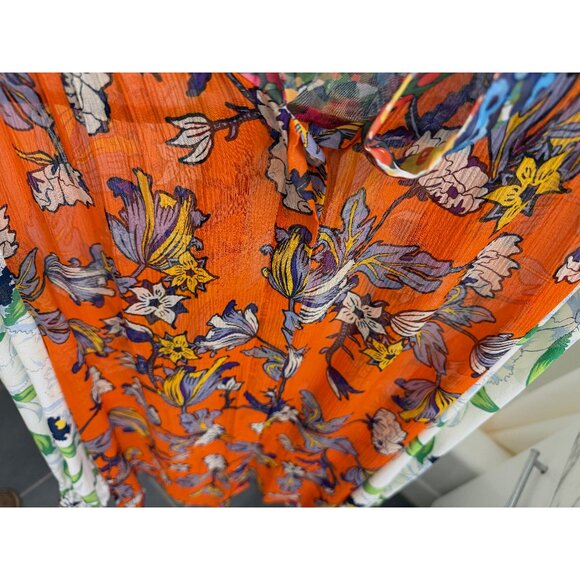 Tory Burch Kia Orange Garden Print Silk Shirt Top Green Floral Tie Neck 8 - Picture 8 of 15